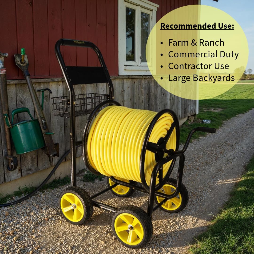 Heavy Duty Hose Reel Cart, Commercial Hose Reel with Wheels, Outdoor Water Hose Cart for Backyard, Farm & Ranch, or Contractor Use, Metal Hose Carts (4-Wheel, 400ft Capacity)