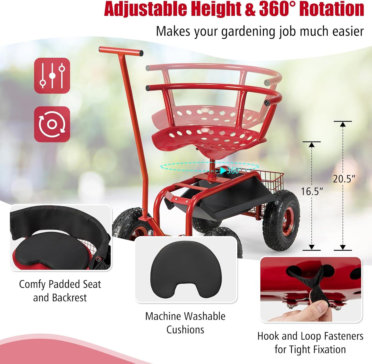 Goplus Rolling Garden Seat with Wheels, Outdoor Garden Cart with 360° Swivel Seat & Tool Storage, 2 Steering Handles, Gardening Stool Wagon Scooter, Lawn, Patio Gardening Workseat for Seniors