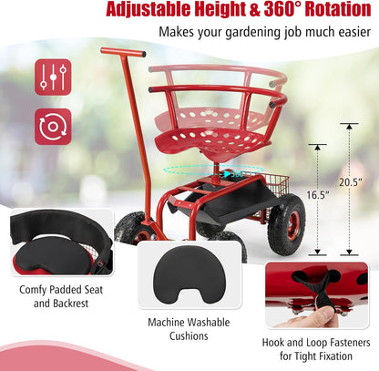 Goplus Rolling Garden Seat with Wheels, Outdoor Garden Cart with 360° Swivel Seat & Tool Storage, 2 Steering Handles, Gardening Stool Wagon Scooter, Lawn, Patio Gardening Workseat for Seniors