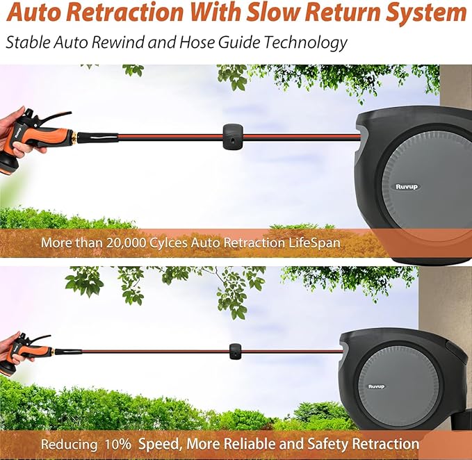 Ruvup Retractable Garden Hose Reel, 1/2in x 50ft Water Hose Reel with 10 Style Nozzle, UV Resistant Automatic Gardening Hose Reel Wall Mount for Outside, Slow Retraction Any Length Lock 180° Swivel