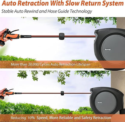 Ruvup Retractable Garden Hose Reel, 1/2in x 50ft Water Hose Reel with 10 Style Nozzle, UV Resistant Automatic Gardening Hose Reel Wall Mount for Outside, Slow Retraction Any Length Lock 180° Swivel