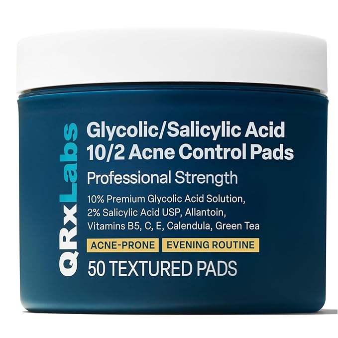 QRxLabs Salicylic & Glycolic Acid Pads (2% Salicylic & 10% Glycolic) - Acne Pads for Face & Bacne with Vitamins B5, C & E, Calendula & Green Tea - Face Exfoliator - 50 Count Jar