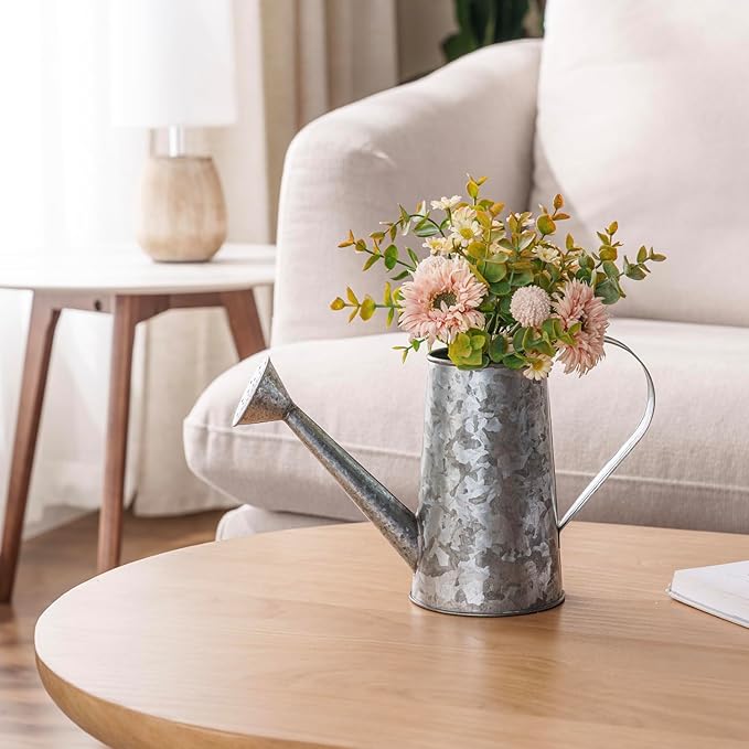 MyGift 5 Inch Small Rustic Galvanized Metal Decorative Vases in Vintage Style Watering Can Design for Dried Flowers and Artificial Plants, Set of 2 - Handcrafted in India