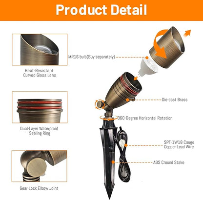 ZONEGRACE 12V Low Voltage Brass Landscape Spot Lights, Waterproof LED Uplights & Accent Lighting with Connectors, Heavy Duty Outdoor Garden Path Lights Fixtures with Bulb, Bronze (1 Pack)