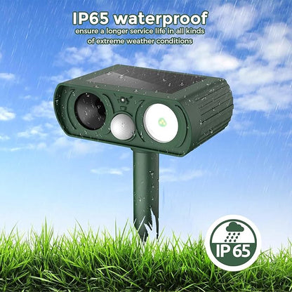 Upgraded Solar Ultrasonic Animal Repellent Outdoor, Deer Repellent Devices Motion Detection, Waterproof Cat Squirrel Skunk Raccoon Dog Bird Deterrent with Flash Lights for Yard Farm Garden Patio