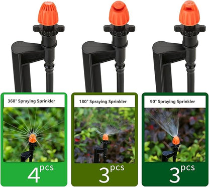 Drip Irrigation Spray Emitters with Stakes: 10 Sets Mixed 360/180/90 Degrees Drip Irrigation Sprayers for 1/4 inch Tubing Garden Irrigation System