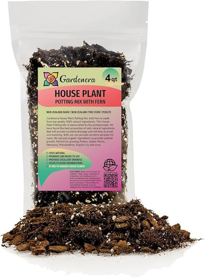 Premium Gardenera House Plant Potting Mix | Fern + New Zealand Bark + Perlite | Great for Pothos, Spider Plants, Montsera, Philodendron, English Ivy - 4 Quart Bag