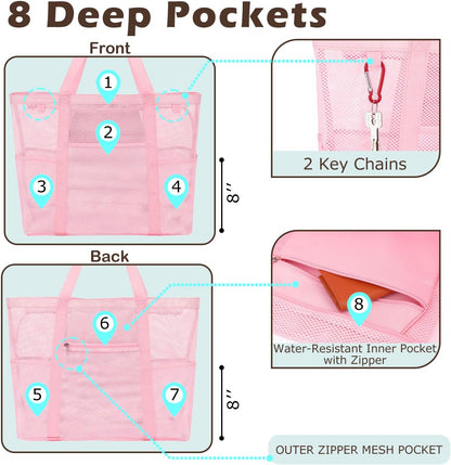 Mesh Beach Bag, Large Beach Tote with Zipper Pocket for Family Pool Bag for Toys & Vacation Essentials