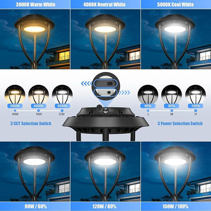 150W LED Post Top Light with Photocell, 150W 120W 90W Adjustable, 21000LM Adjustable CCT 3000/4000/5000K Outdoor Pole Lights, IP65 Waterproof LED Post Light Fixture Area Light ETL DLC Listed