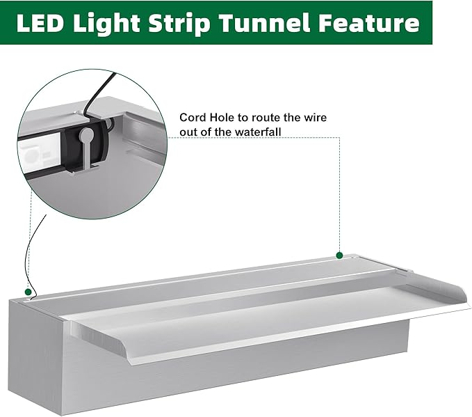 Waterfall Pool Fountain LONGRUNNEW 304 Stainless Steel 23.6" Rectangular Waterfall Spillway, Water Fall Fountain with Pipe Connector for Garden Outdoor, Swimming Pools, Fountains, Pond and Spa