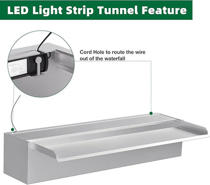 Waterfall Pool Fountain LONGRUNNEW 304 Stainless Steel 23.6" Rectangular Waterfall Spillway, Water Fall Fountain with Pipe Connector for Garden Outdoor, Swimming Pools, Fountains, Pond and Spa