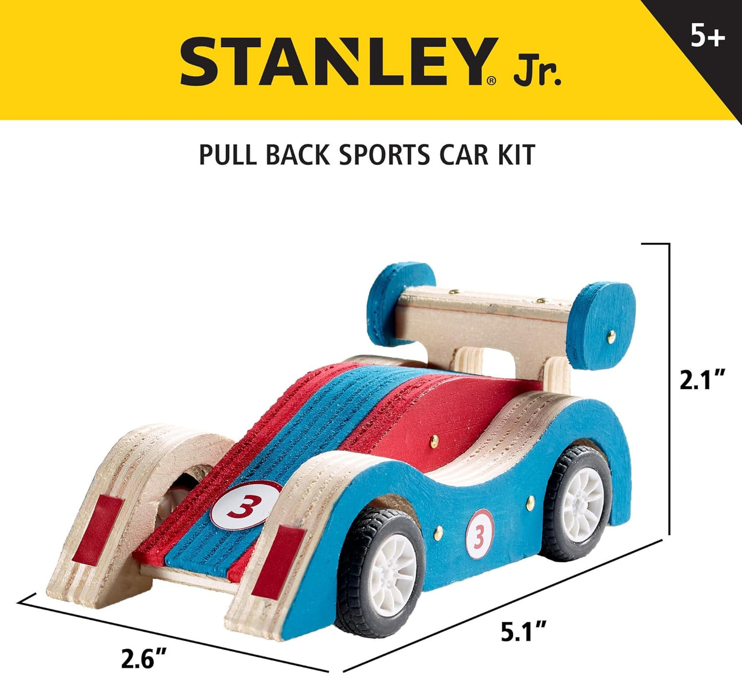 STANLEY Jr. DIY Pull Back Sports Car Building Kit for Kids JK030-SY: Children’s Boy Girl Wood Racer, Beginning Woodworking Set with Paints, Ages 5 to 12 (Classic 1)
