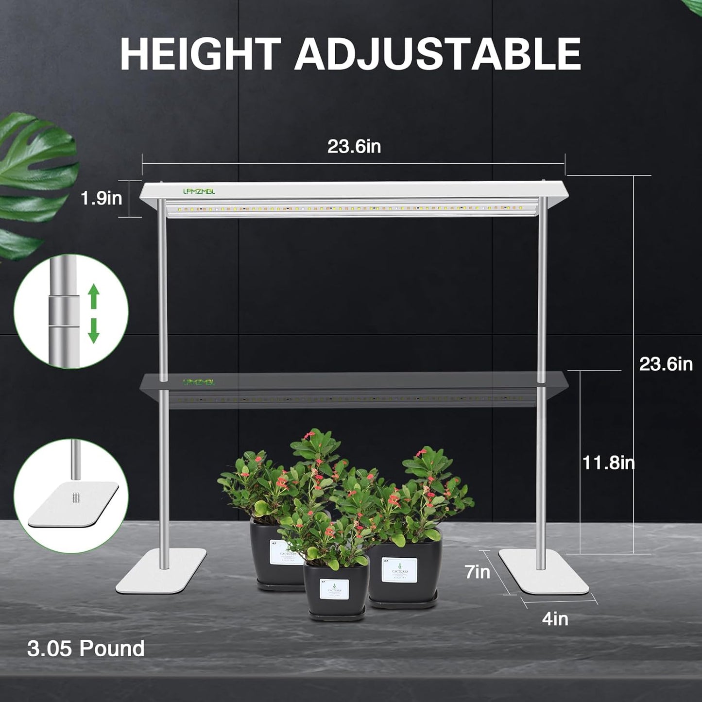 LED Grow Lights for Seed Starting with Stand, 2ft 60W Full Spectrum Seedling Lights Grow Lights for Indoor Plants, 4/8/12H Timer and 10 Dimming Levels, Height Adjustable and Energy Efficient