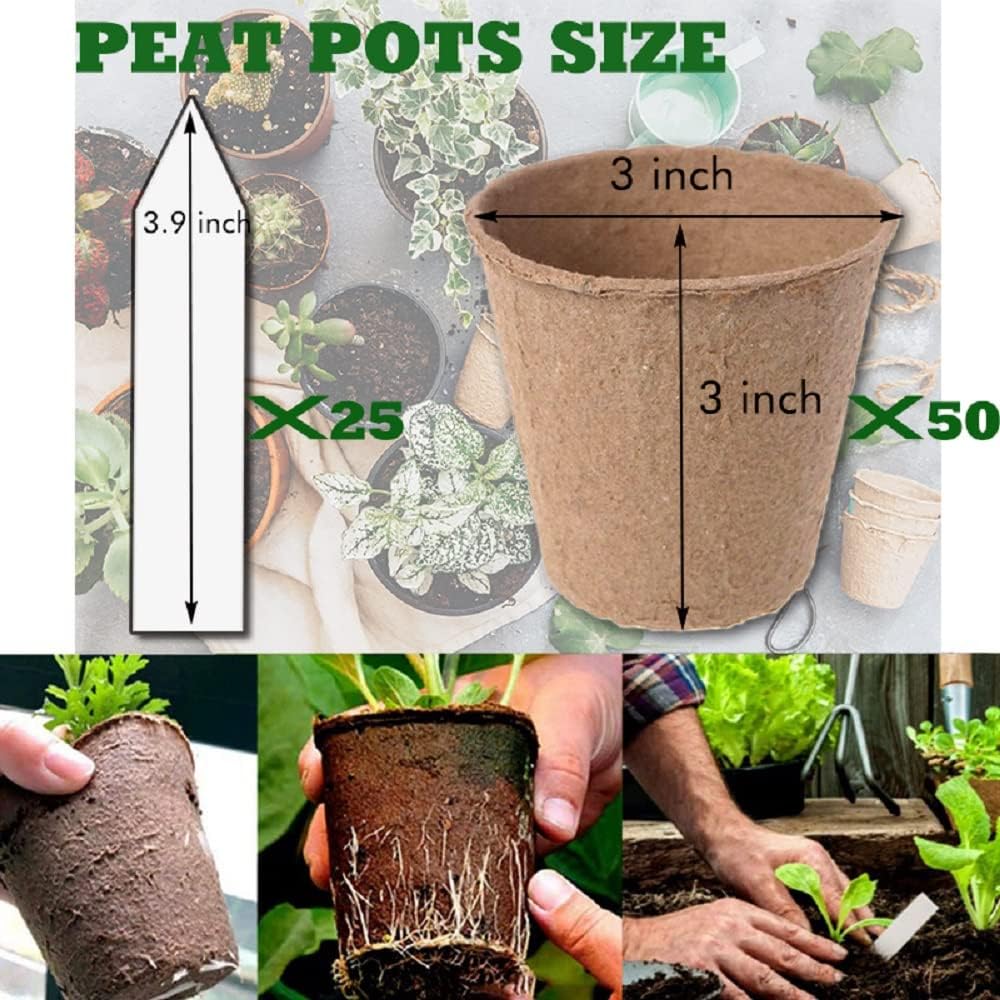 3T GROUP 50 Pcs 3 Inch Small Plant Pots,Compostable Flower Pots for Plants,Biodegradable Seed Pots,Disposable Planting Peat Pot Cups with Labels for Vegetables,Fruit