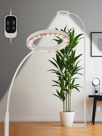 GLOWRIUM Grow Lights for Indoor Plants, 24W Full Spectrum LED Grow Light, Stepless Dimming,3 Lighting Mode and Adjustable Height, Plant Light with 3/9/12/16H Timer (White, 24W)