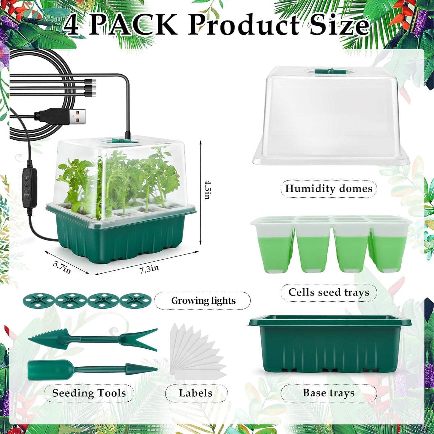 Seed Starter Tray with Grow Light, 48 Cells Indoor Seed Starter Kit, Flexible Silicone Seedling Starter Trays, Germination Tray Kit with Humidity Dome & Lids(4in Height), Reusable & Dishwasher Safe