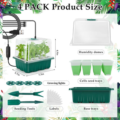 Seed Starter Tray with Grow Light, 48 Cells Indoor Seed Starter Kit, Flexible Silicone Seedling Starter Trays, Germination Tray Kit with Humidity Dome & Lids(4in Height), Reusable & Dishwasher Safe