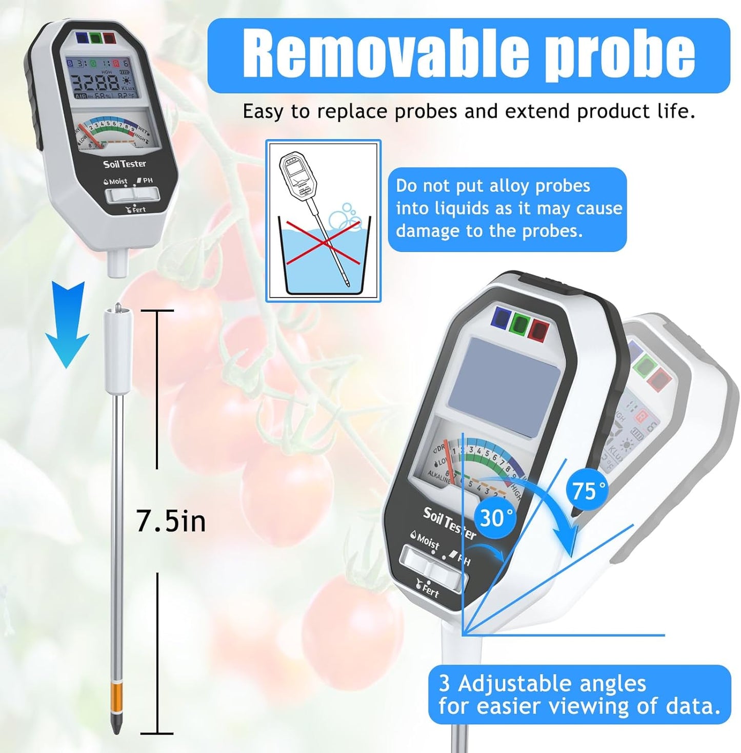 Soil Moisture Meter, 7-in-1 Soil PH Tester/Soil Moisture/Fertility with Removable Probe, Digital Air Temp/Humidity/Sunlight Intensity/BGR Spectral for Plants Gardening, Lawn and Indoor Outdoor Plants