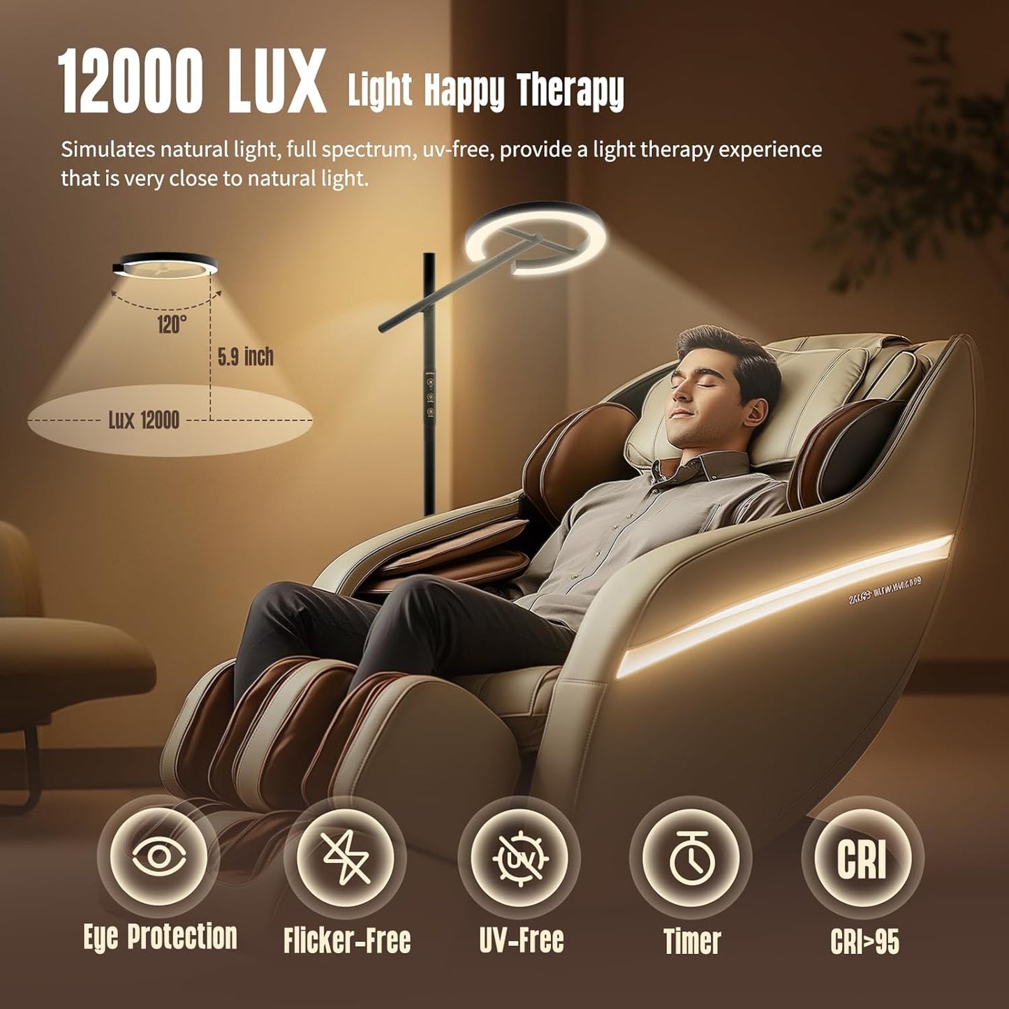 GLOWRIUM-H1B Light Therapy Lamp 12000 Lux, LED UV-Free Sun Lamp, Full Spectrum Happy Natural Mood Therapy Light, Stepless Dimmable Modern Sunlight Floor Light with Remote and Timer