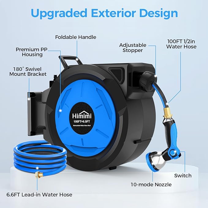Retractable Garden Hose Reel, 1/2" x 100FT + 6.6FT Automatic Retractable Water Hose Reel Wall Mount, with 10- Function Sprayer Nozzle, Any Length Lock/Auto Rewind/180°Swivel