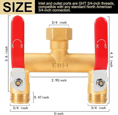 EBH Garden Hose Splitter, 2-Way High Flow Heavy Duty Brass Outdoor Hose Manifold with Extra Long Handles Full Flow Faucet Adapter- 3/4” GHT(Red)