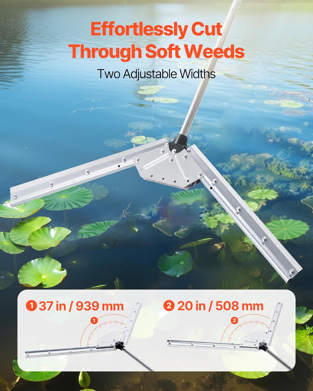 VEVOR Lake Weed Cutter, Pond Aquatic Plant Cutting Tool with 37 in Max. Cut Width, Sharp and Heavy-Duty Steel Blades, Pond Rake with 30 ft Throw Rope, for Cattail, Phragmites, Lilly Pads & Chara