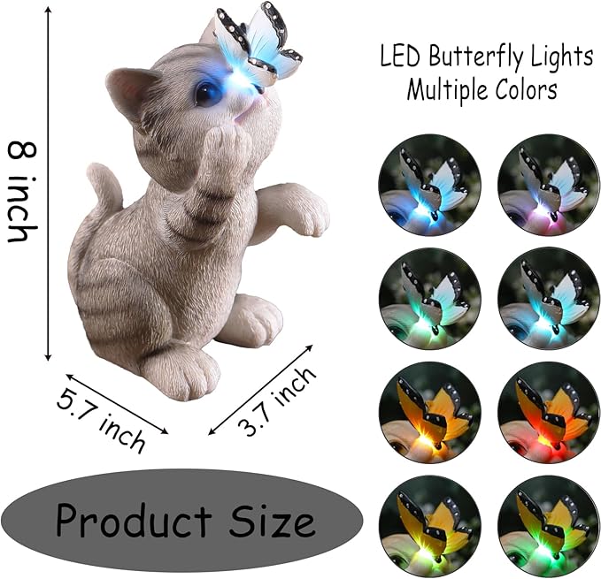 Solar Cat Outdoor Figurines Garden Decor with Butterfly Cat Statue Light for Lawn Ornaments Porch Patio Balcony Yard Decorations Outdoor Birthday Gifts for Women Grandma Mother’s Day