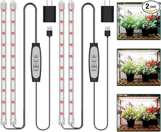 2-Bar Grow Light Strips for Indoor Plants, 16" Full Spectrum Plant Lights, 6500K Sunlike Grow Lights with 6/12/18H Timer, 5-Level Dimmable for Indoor Growing (2 Pack)