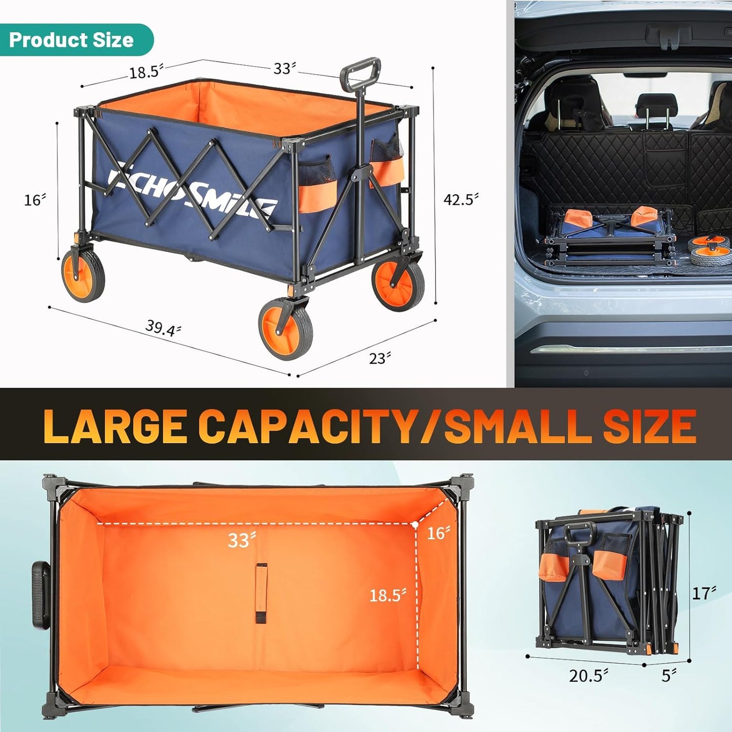 EchoSmile Collapsible Foldable Wagon Cart with 350lbs Weight Capacity, Heavy Duty Folding Utility Sport Wagon with Removeble Wheels for Camping,Grocery,Garden,Beach,Blue&Orange