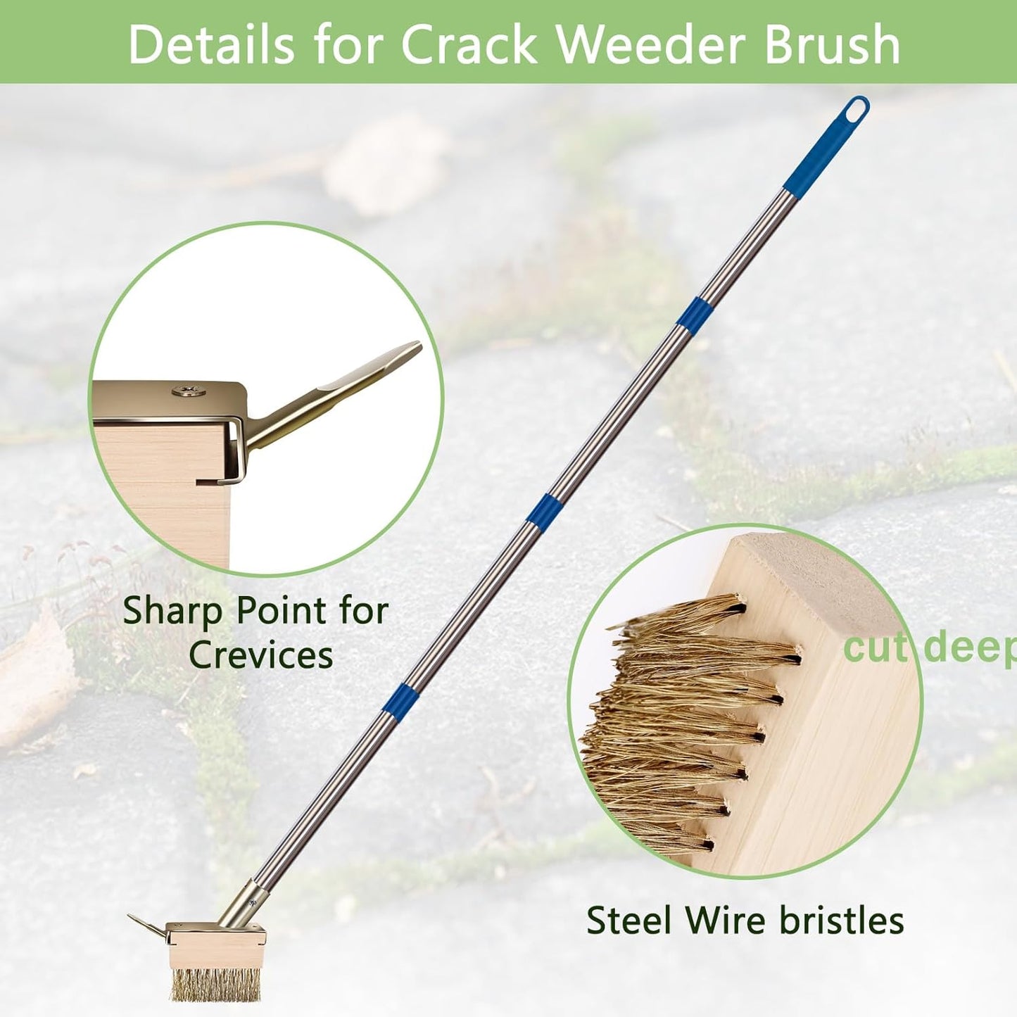mcwdoit Crack Weeder Tool, Crevice Weeding Moss Brush with 2 Heads&Scraping Hook, A Hand Puller Tool, Moss Remover with Steel Handle for Cleaning Paving Joint Paver Sidewalk Patio Stone Driveway Deck