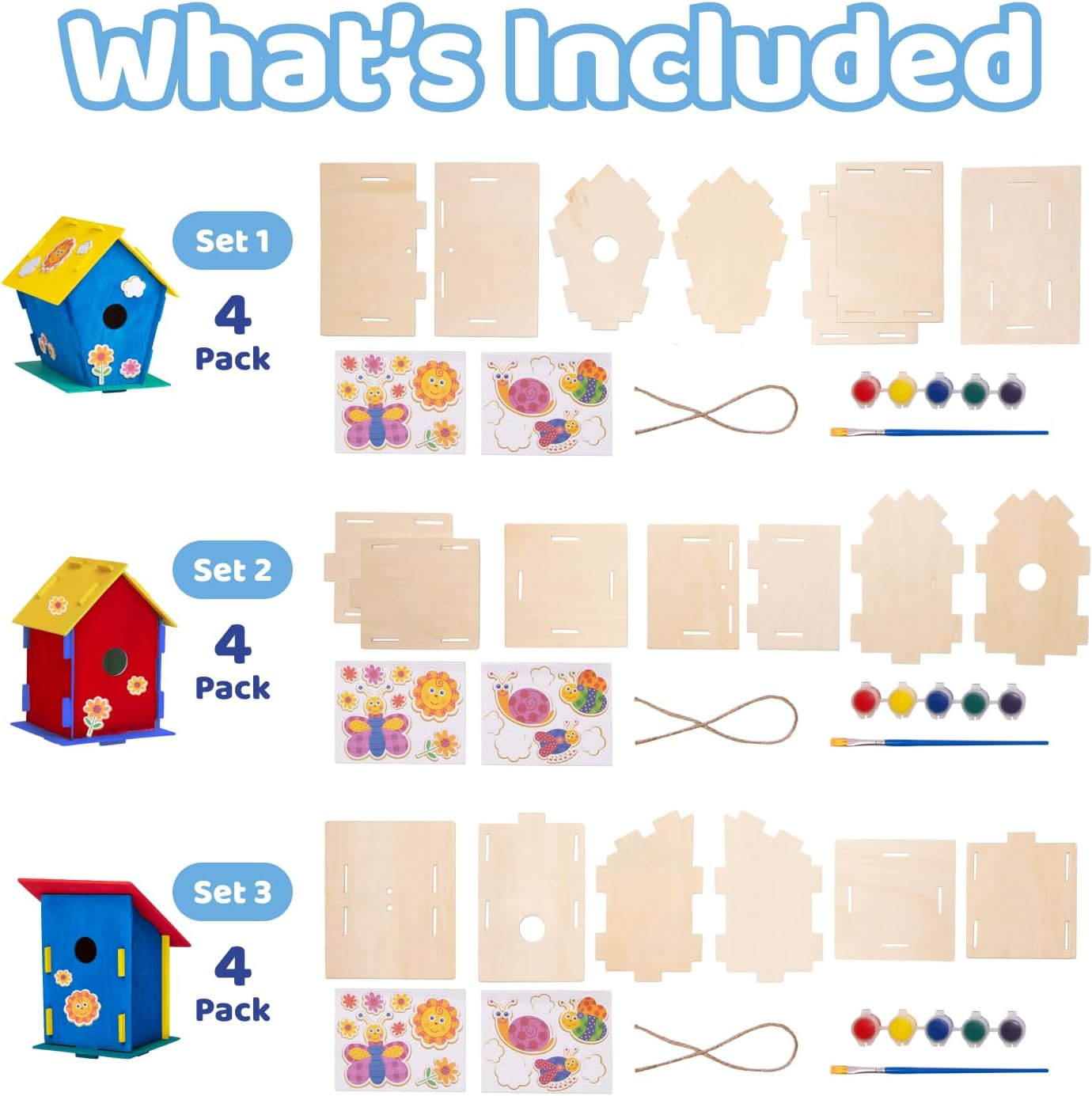 Neliblu DIY 12 Wooden Bird House Kits - Creative Arts and Crafts Set for Kids and Adults - Unfinished Wood Birdhouses with Paint Strips, Brushes, Stickers and Strings - 3 Unique Shapes, 2 Sizes