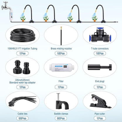 Mornajina Automatic Drip Irrigation Kits Garden Irrigation System, Includes Calcium Inhibitor Filter & 50FT 5/16 inch Irrigation Tubing Hose & 15Pcs 360° Bending Dropper Atomizing Mist Nozzles Tee