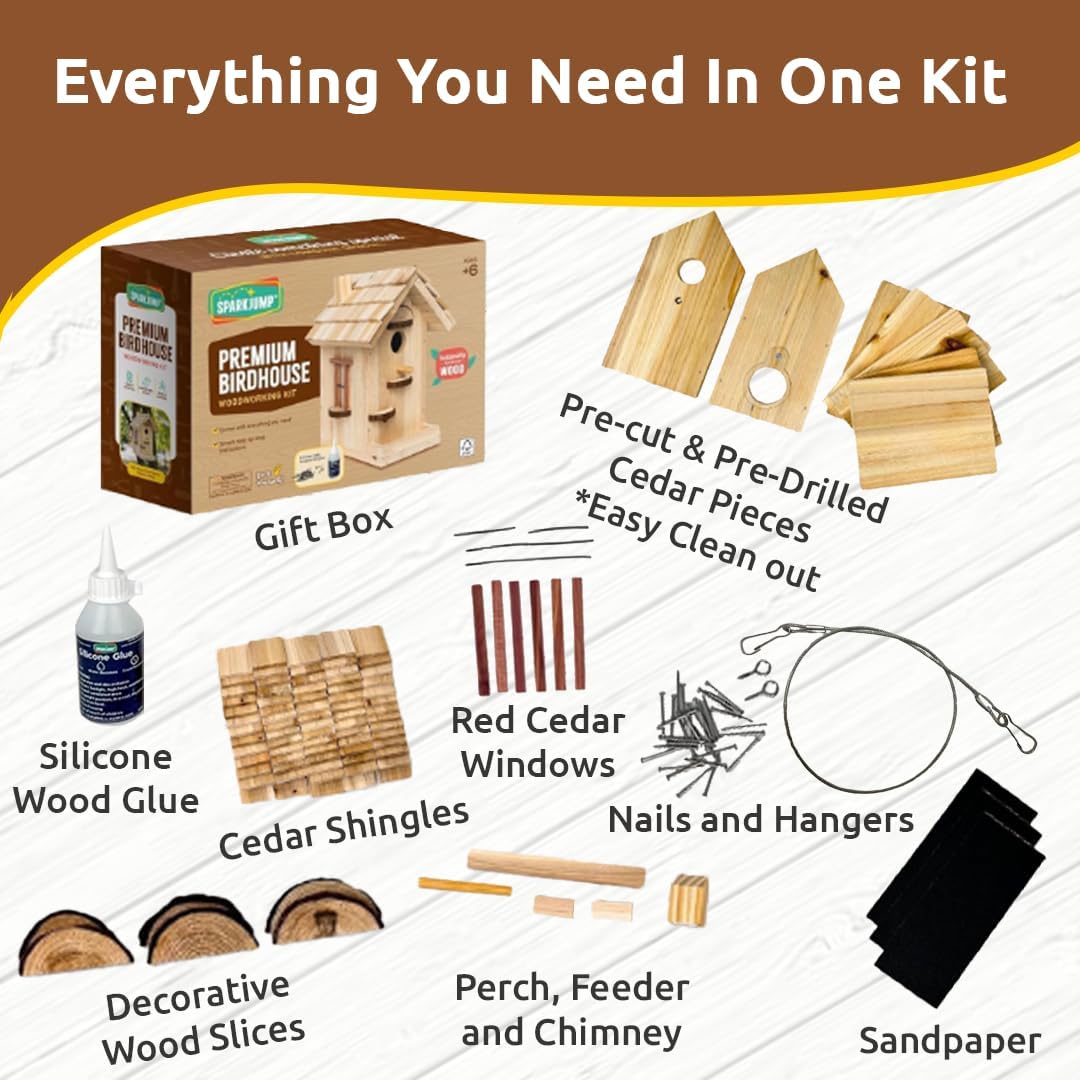 SparkJump Premium Wooden Bird House Kit - Build it Yourself Birdhouse - Birdhouse Kits for Adults to Build - Woodworking Adult Crafts & DIY Bird House