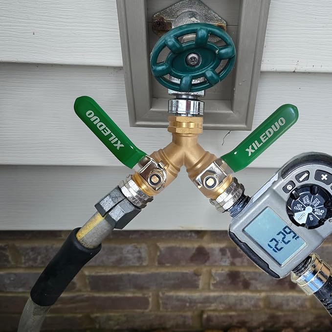 Garden Hose Splitter 2 Way,Brass Water Hose Splitter with Stainless Steel Long Handle,Outdoor Full Flow Hose Splitter Connector,Y Valve 3/4 Inch GHT Thread