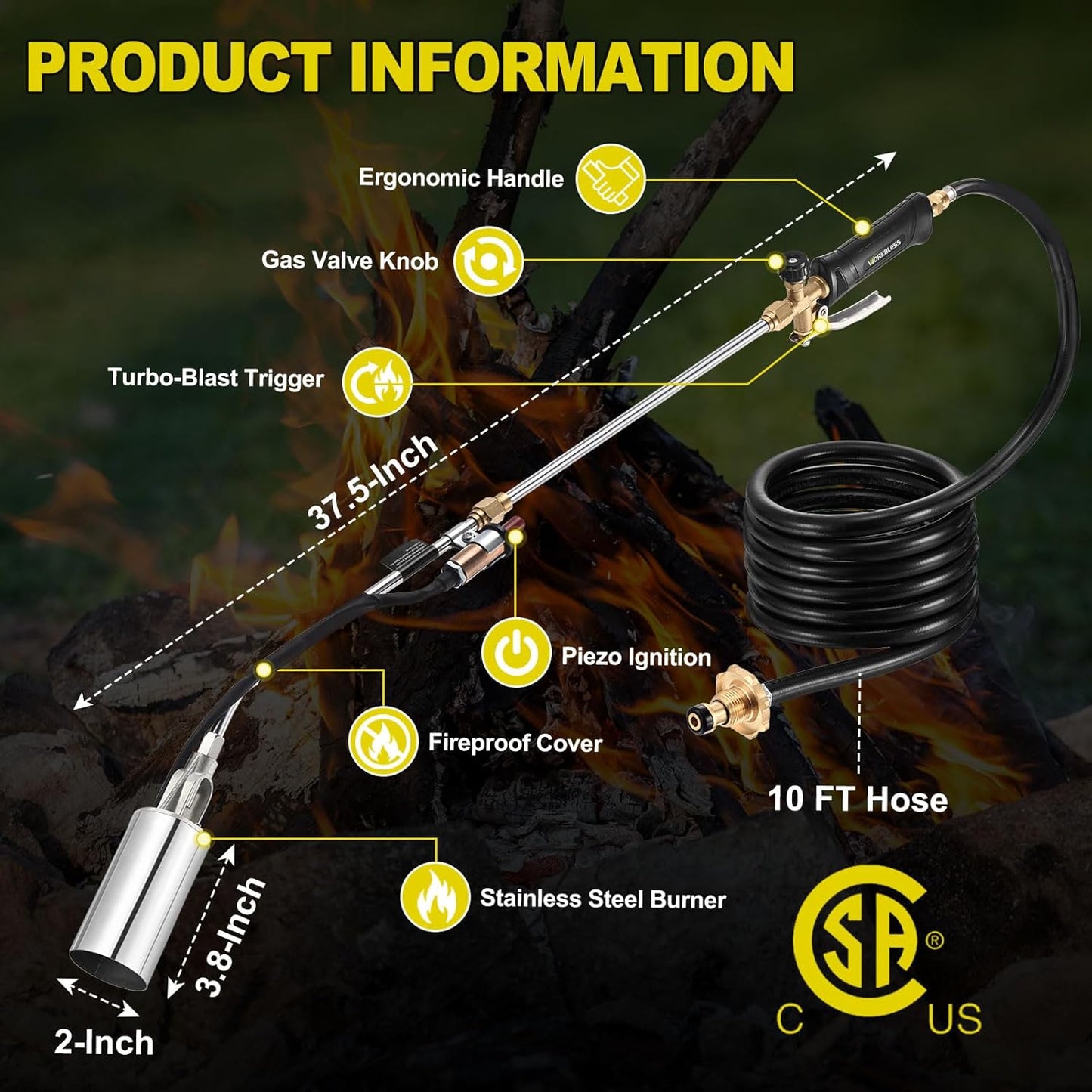Propane Torch Weed Burner, Weed Torch with 10FT Hose, High Output 1,800,000 BTU Flame Thrower Kit with Flame Control and Adapter, Propane Torch for Weeds Burning, Snow Melting