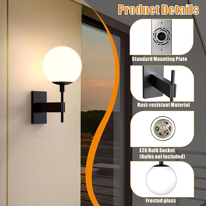 Hyunbae Outdoor Wall Sconce, 18.9" Large Size Wall Light, Exterior Light Fixtures Wall Mount for House, Globe Glass Front Porch Lights, Waterproof Outside Lighting Sconce Lamp with E26 Base
