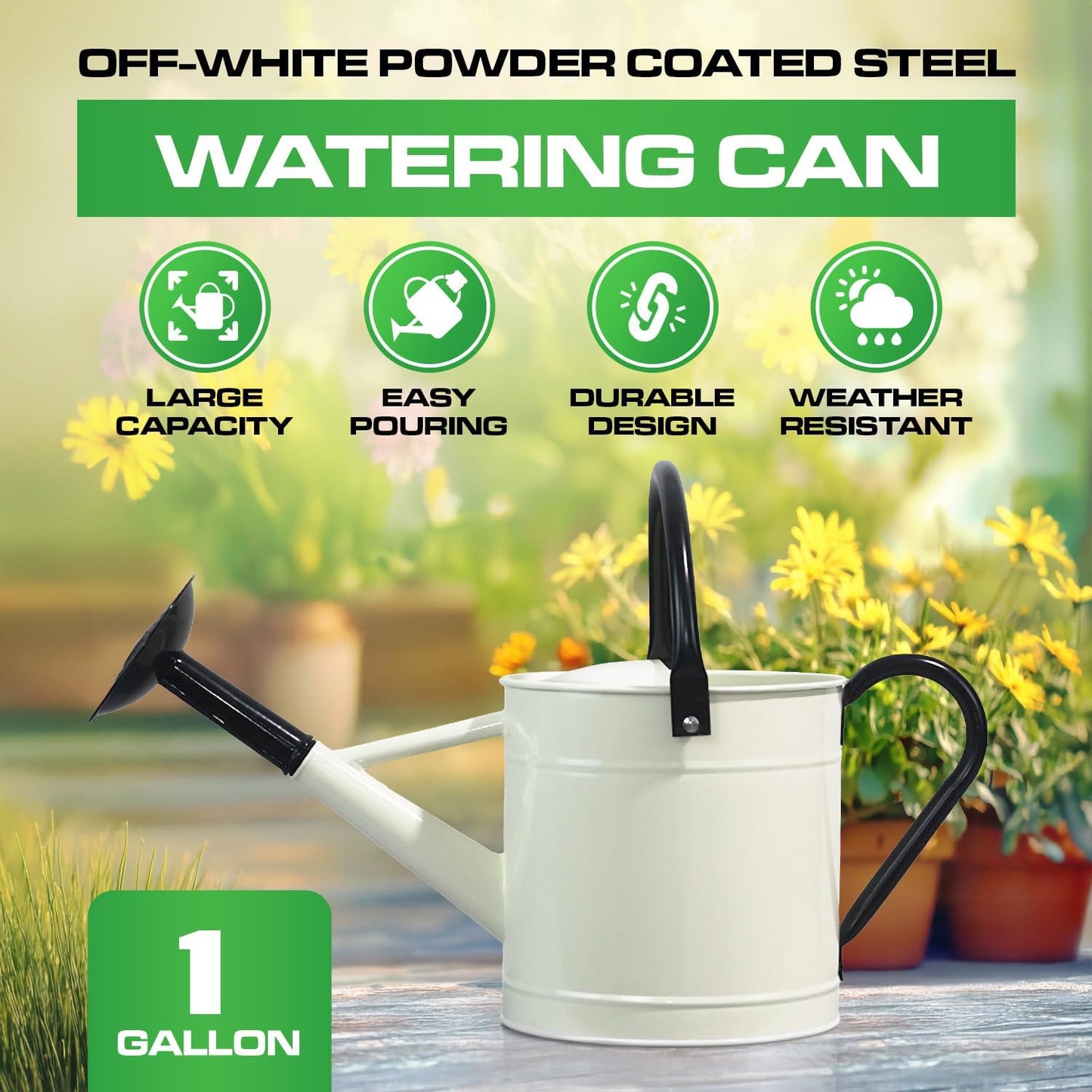 Plexon 1 Gallon Metal Watering Can Outdoor, Flower Plant Gardening Garden Large Watering Can Pot, Black Galvanized Steel Handles and Removable Spray Spout, Off-White