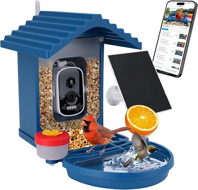 Bird Feeder with Camera Solar Powered, 2.5K HD Video Bird House Live View, Smart AI Bird Species Identification for Outside Garden,Birds Bath,Ideal Gift for Birds Lover (Blue)