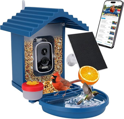 Bird Feeder with Camera Solar Powered, 2.5K HD Video Bird House Live View, Smart AI Bird Species Identification for Outside Garden,Birds Bath,Ideal Gift for Birds Lover (Blue)