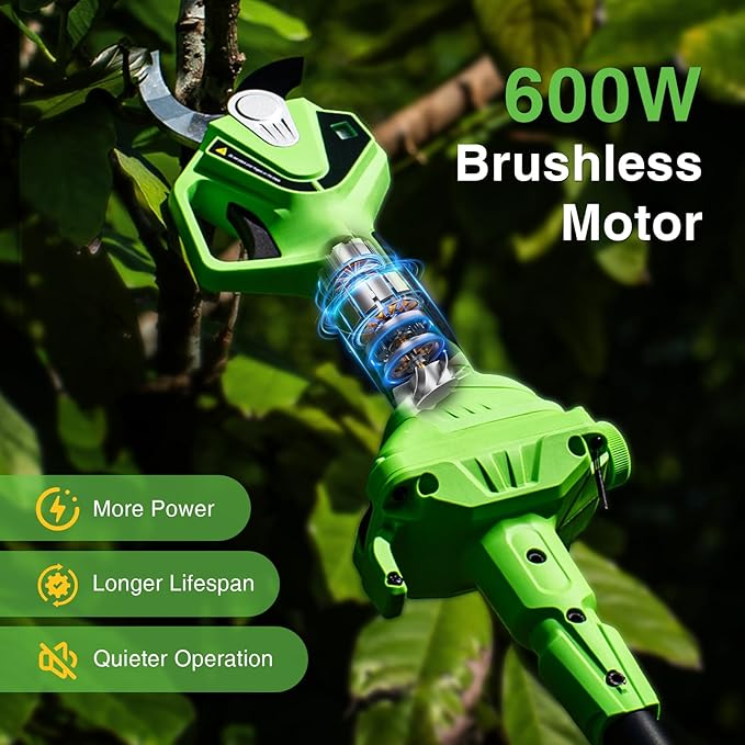 Electric Pruning Shears with Pole: 1.6" Cutting Diameter 2-in-1 Cordless Pole Pruner - 2 Pcs 4.0Ah Batteries, Brushless Motor, Extra SK5 Blade, Branches Cutter for Flower Tree Trimming