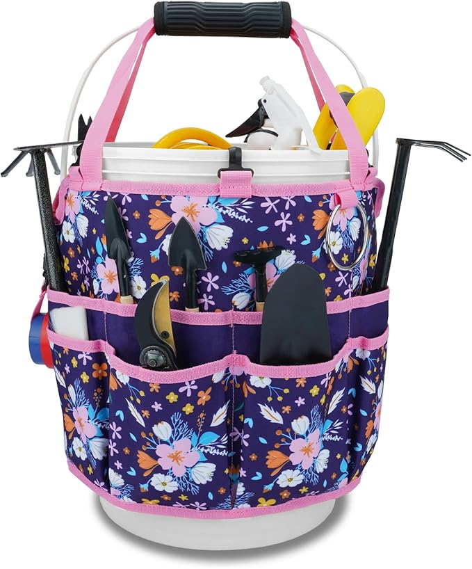 KUNN 5 Gallon Bucket Tool Organizer 18-Pocket Heavy-Duty Bucket Caddy with Hangable Handle & Comfort Grip Pad | Gardening Tool Bag, Garden Organizer Storage Bag Accessory for Gardeners, Purple