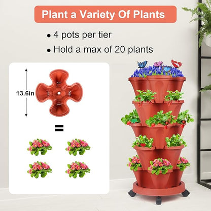 Vertical Planter, 5 Tier Stackable Strawberry Planter with Garden Tool Set, Movable Indoor/Outdoor Garden Herb Pot for Growing Vegetables and Succulents, Red