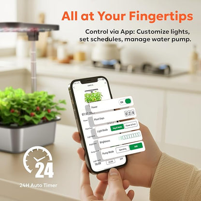 owltron Smart Hydroponics Growing System Kit,15 Pods Indoor Herb Garden with 36W LED Grow Light & APP Control, Planting Height Up to 30", Quiet Water Pump, Stainless Steel - Ideal Gift for All Ages