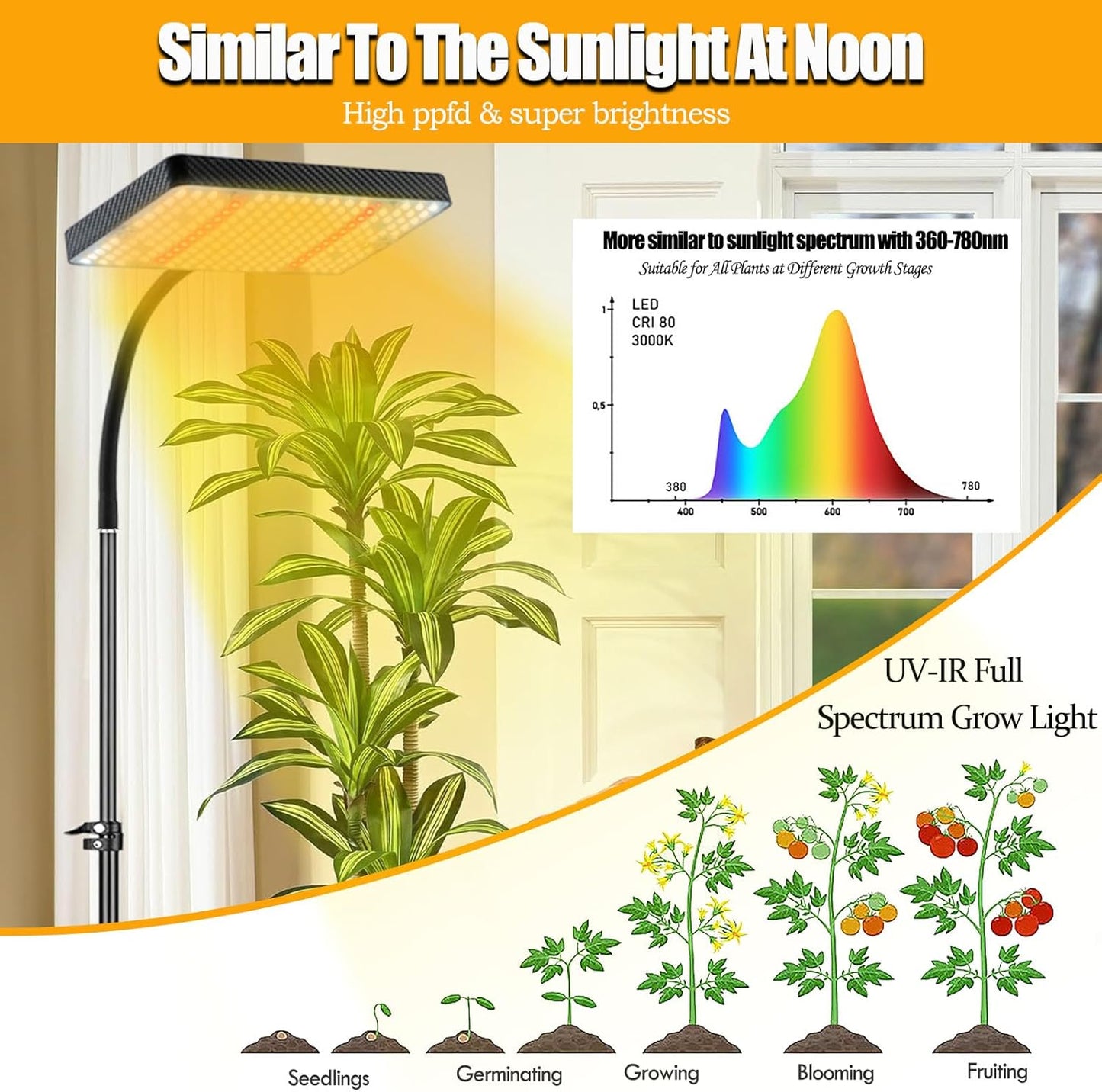 Grow Light with Tripod Stand and Timer, Sunlight Full Spectrum Grow Lights for Seed Starting, 25W 2000Lm LED Growing Lamps for Tall Plants, Bonsai Tree, Height Adjustable 12"-48"