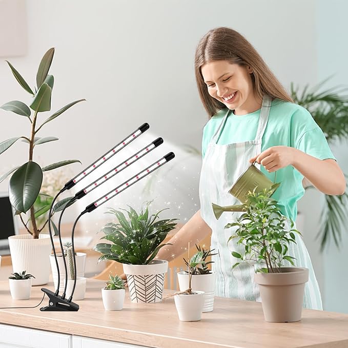 3 Head Grow Lights for Seed Starting, 6000K Full Spectrum for Indoor Plants, 6/12/18H Auto Timer, 5 Dimmable Levels, Clip-on Desk Lamp for Growing (2 Pack)