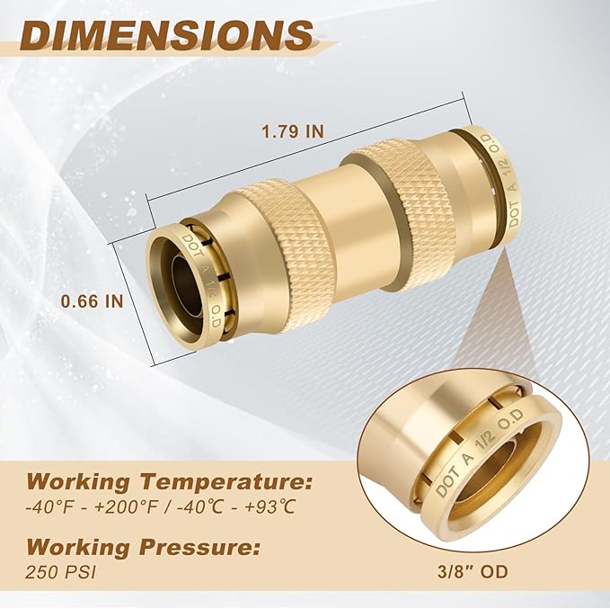 1/2" Quick Push to Connect Fittings Brass Union Straight Joint DOT Approved 1/2 inch tube OD Air Line Adapter Air Spring Suspension Kit for Car Truck Trailers and Air Brake System 5pcs
