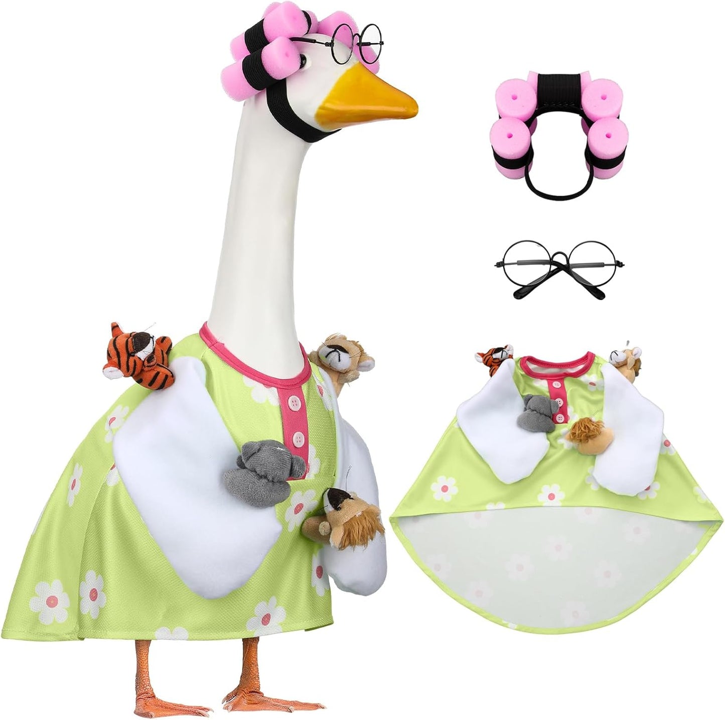 Suzile Funny Lady Porch Goose Outfit for 23'' Cement Goose Curler Wig Costume Glasses with Cute Animals for Halloween Christmas Parties Yard Lawn Outdoor Garden Patio Statue Xmas Santa Holiday Decor