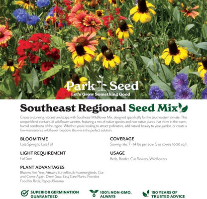 Park Seed Grow Your Own Vibrant Annual and Perennial Wildflower Garden Seeds Mixture, Easy to Grow Varieties for Pollinators and Spring Gardens - Southeast Regional Mix, 25 lbs