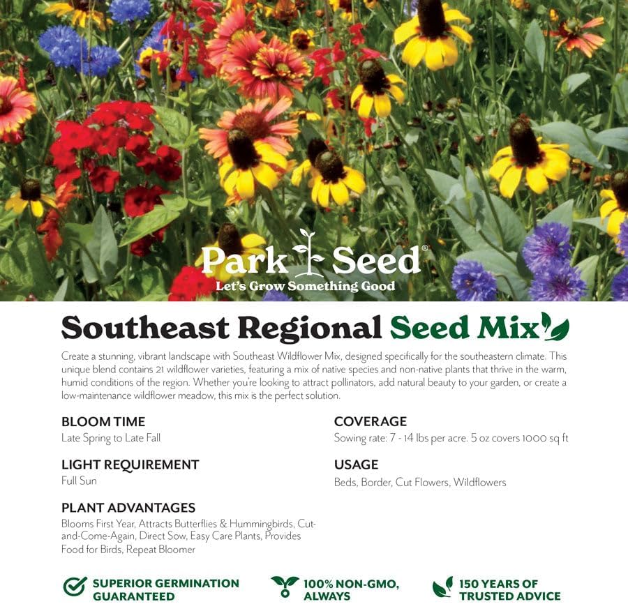 Park Seed Grow Your Own Vibrant Annual and Perennial Wildflower Garden Seeds Mixture, Easy to Grow Varieties for Pollinators and Spring Gardens - Southeast Regional Mix, 1/4 lb