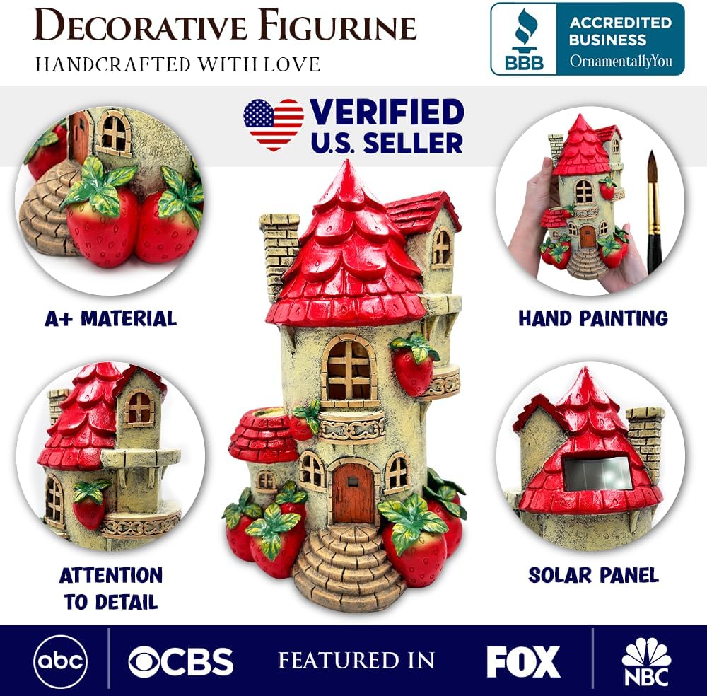 OrnamentallyYou Spring & Summer-Themed Garden Statues – Adorable Outdoor Decor for Lawn, Patio & Porch (Solar Powered Strawberry Fairy Home Garden Statue, 10" Unique Spring Decoration)
